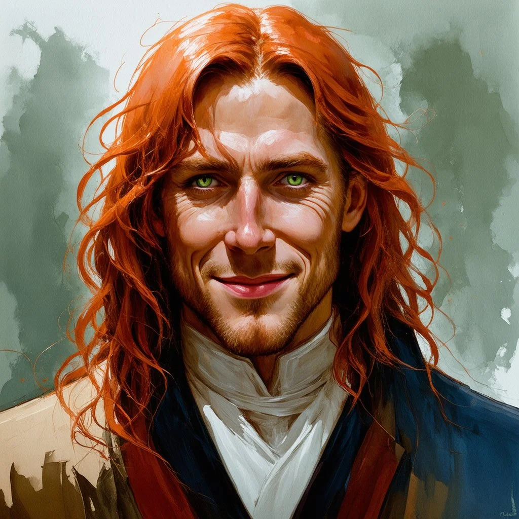 dnd, fantasy, watercolour, stylistic, portrait, illustration, dull colours, male, face, narrow long face, weathered face, green eyes, determined, happy, red hair, very long hair streaming down the shoulders, radiating light, five o'clock shadow, softer facial features, dignified