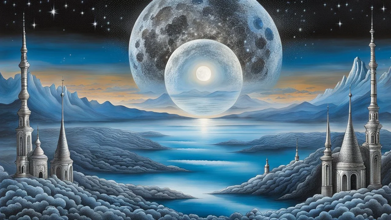 just one giant shiny Moon on the sky, stars and circled silver glitters on the sky, etheral, mystic art, blue, silver, black colors, ethereal fantasy hyperdetailed mist style by dali, bosch, kandinsky