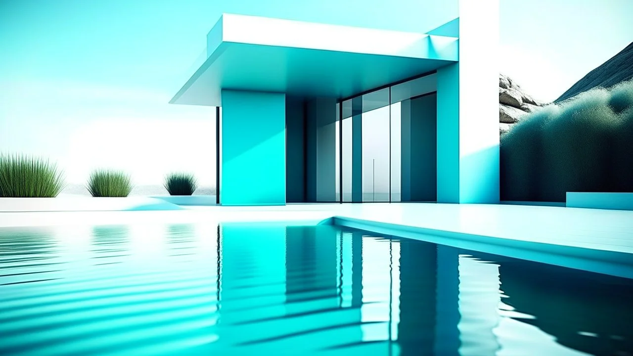 Create an image featuring minimalist architecture with elements of color and water. The scene should be sleek and modern, showcasing geometric structures with clean lines. Introduce vibrant colors in accents or lighting to contrast the minimalist design. Incorporate water elements such as reflective pools, water fountains, or ponds that blend harmoniously with the architecture. The mood should be serene and tranquil, capturing a calm and aesthetically pleasing environment. Consider using natural