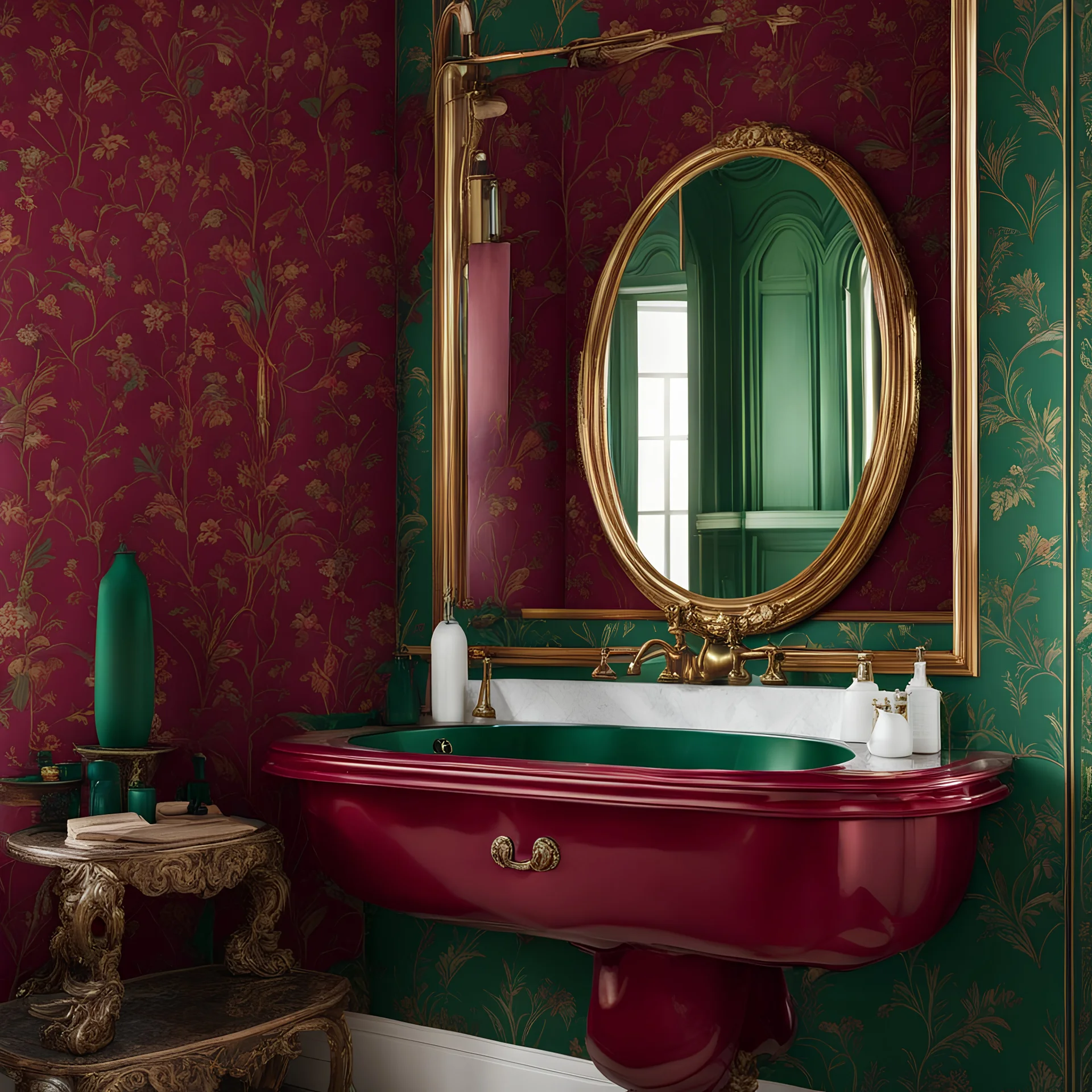 a big powder room with a classic metal sink and big mirror, vibrant burgundy and pine green colors, eclectic wallpaper --ar 1:1