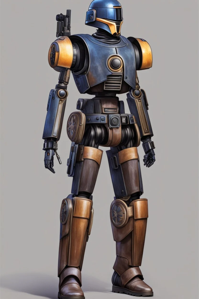 A Star Wars Combat Droid, Wearing Western Cowboy Clothes, Wearing a cowboy hat and a Cowboy Over-Coat.