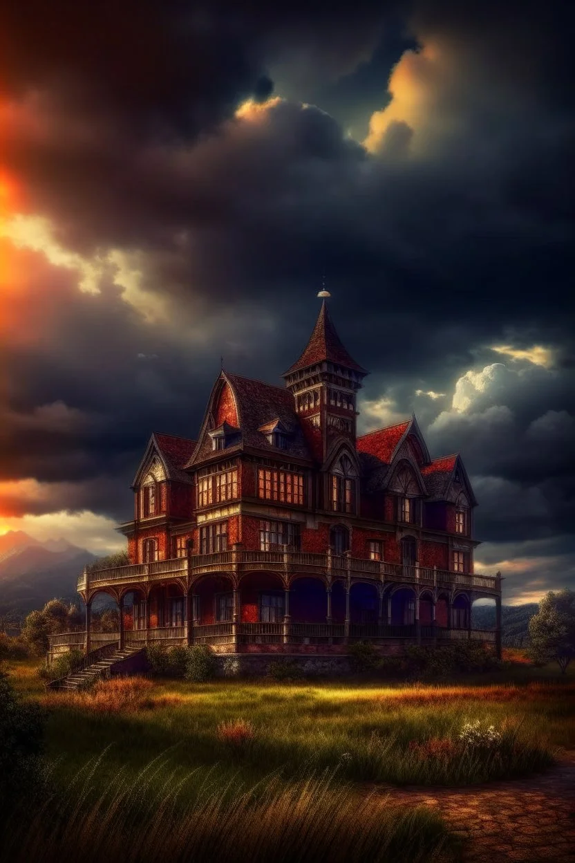 Old Victorian architecture in a Victorian valley, dramatic sky, cloudy sky, digital art, 4k, 8k, trending on ArtStation