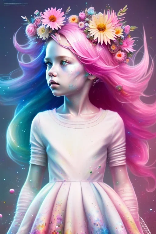 pop , a little girl, pink hair, colorful, watercolor splash, white dress, rainbow flowers, in the style of Camilla d'Errico, hyper detailed, beautiful, complex, trending on artstation, cryengine, national geographic photo, chiaroscuro