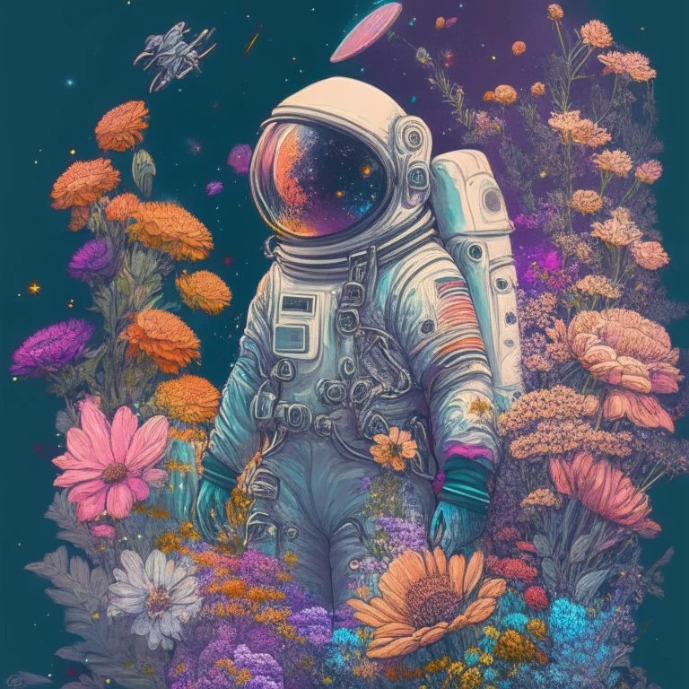 "floral astronaut" hand-drawn digital art, flowers everywhere, colorful garden, beautiful galaxy, REALISTIC, anime, 4k, high resolution, full details, 2560x1600