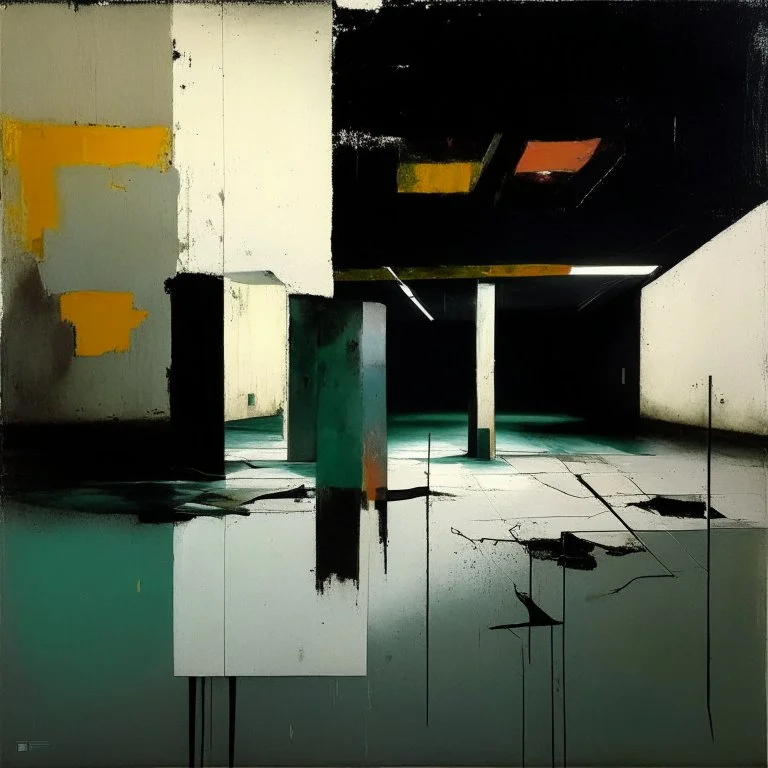 Minimal abstract oil paintings of a desolate 1960s carpark. Illuminated by a spotlights. On the floor are concrete fragments and road markings . In the dark mysterious style of Justin Mortimer and Francis Bacon.