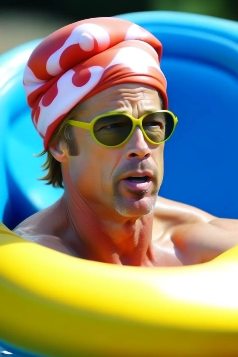 brad pitt sitting in donut swim ring with goggles and a bathing cap on