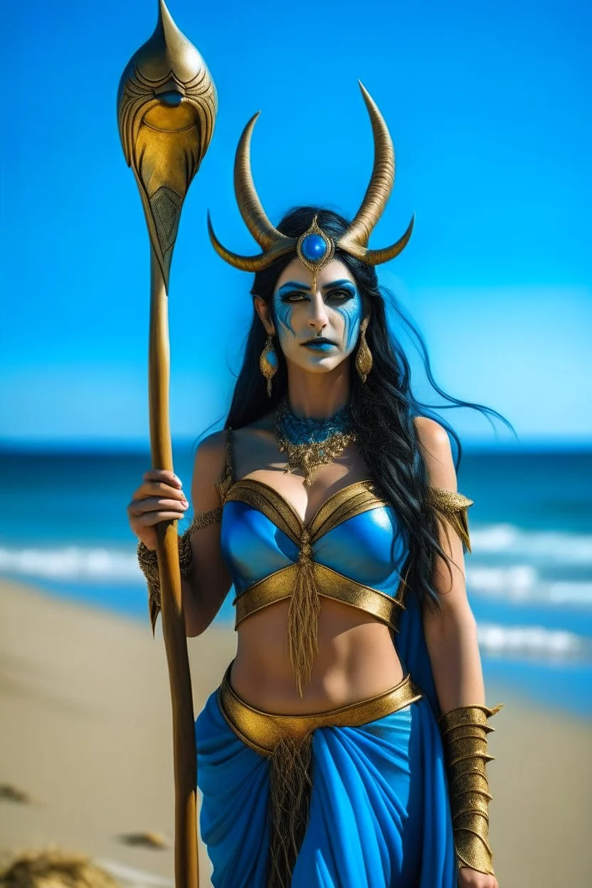 A picture of a beautiful blue faced indian goddess with skin painted blue, blue painted body, blue painted torso, wild black hair, stag antlers, elven ears, golden skirt, holding a staff on a sunny beach