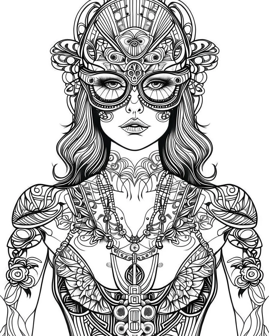 symetrical woman with blindfold tattoo, coloring book page, clean line art, adults drawing book, Black and white only, crisp black lines, sharp lines, coloring page for adults, black and white picture, lots of details, tattoo style,tattoo ideas, full body