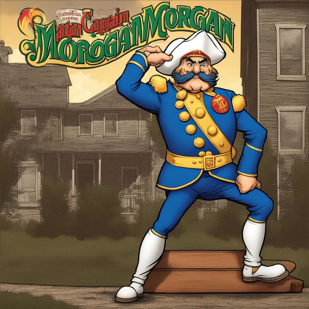 an old Captain Crunch standing in a Captain Morgan pose