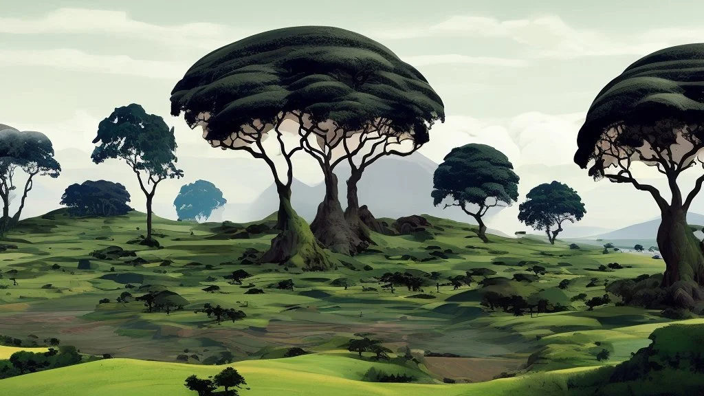 Beautiful landscape with trees, earth opens up and breaks down in black polygons.