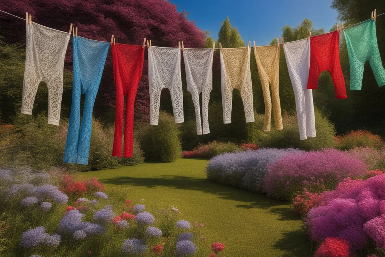 Beautiful lace pants of different colours drying on a clothesline in a flower garden, centre, bold colours elegant fantasy 8k beautiful dynamic lighting award winning imperial colors hyperrealistic ultra detailed 4K 3D high definition crisp quality colourful hdr, backlit, in sunshine