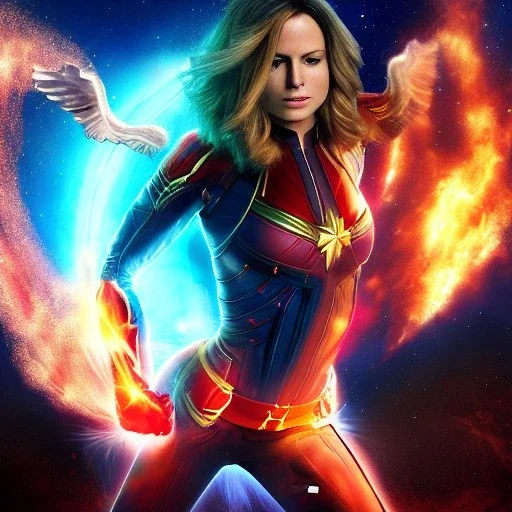 Captain Marvel,flying in the sky, hair on fire, realistic, vibrant colors, Kate beckinsale's face, long hair, gold angel wings, full body, in space, muscular, hyperrealistic, airplane, deathstar, facemask, topless, nuclear explosion, beauty happy face