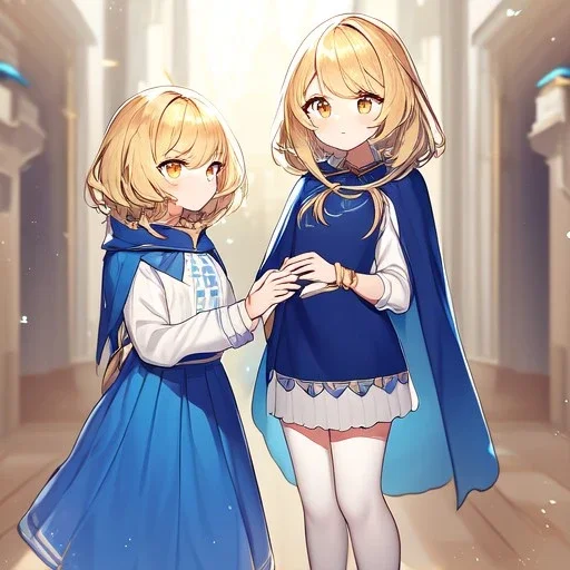 Clear focus, High resolution, Rough line, cute, cartoon style, blonde short hair, golden eyes, long locks, spiky hair, wearing a white sleevless shirt, wearing a blue cloak, wearing a light blue skirt, wearing white long socks and brown shoes