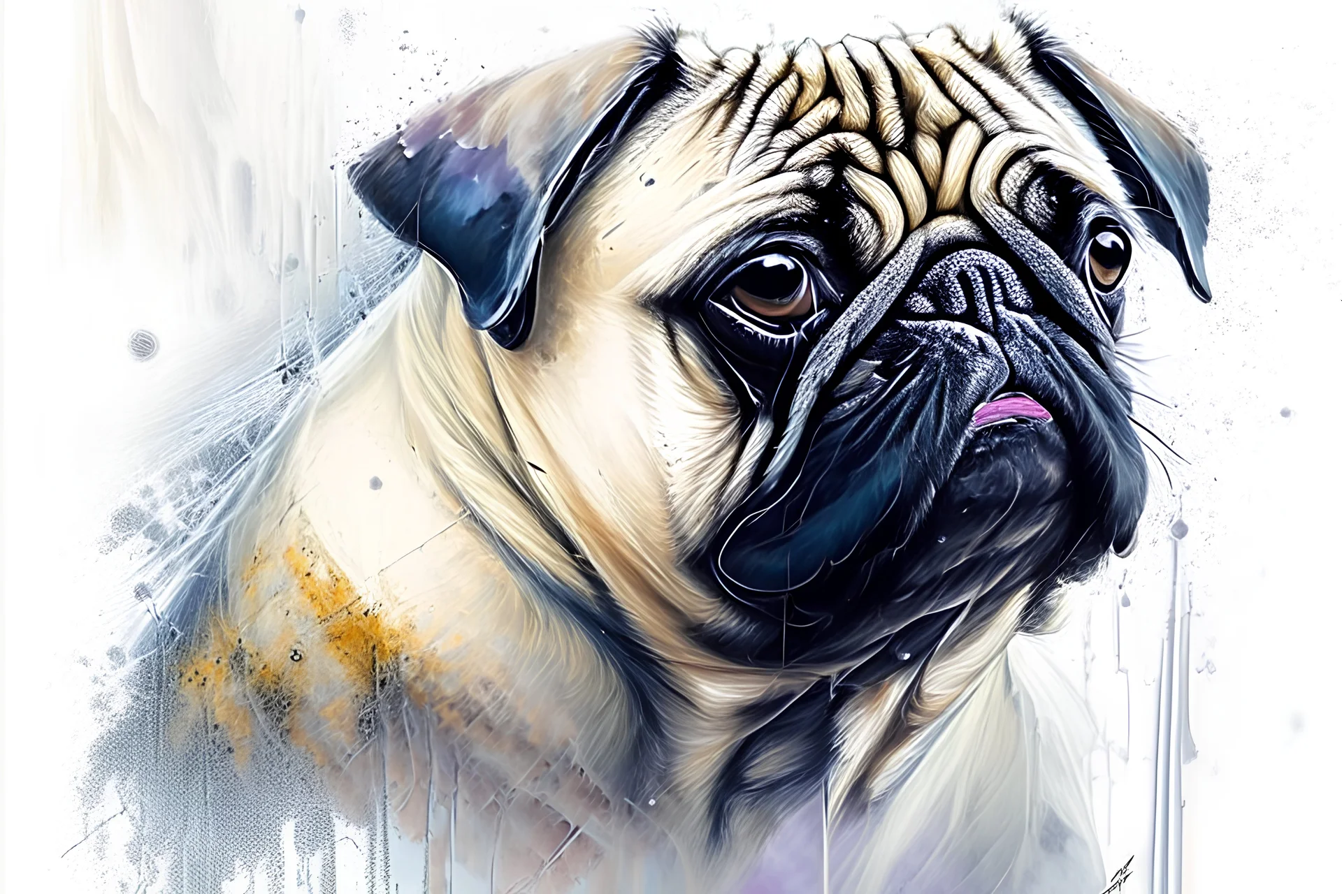 Pug, portrait by Willem Haenraets, watercolor, wet on wet and splattering techniques, centered, perfect composition, abstraction, surrealism