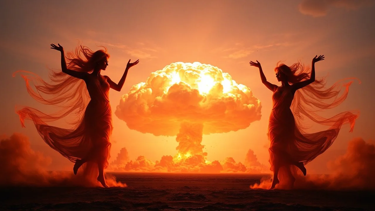 a nuclear explosion cloud(middle), the wind and smoke from the explosion forming shapes of dancing women(left and right sides), worship