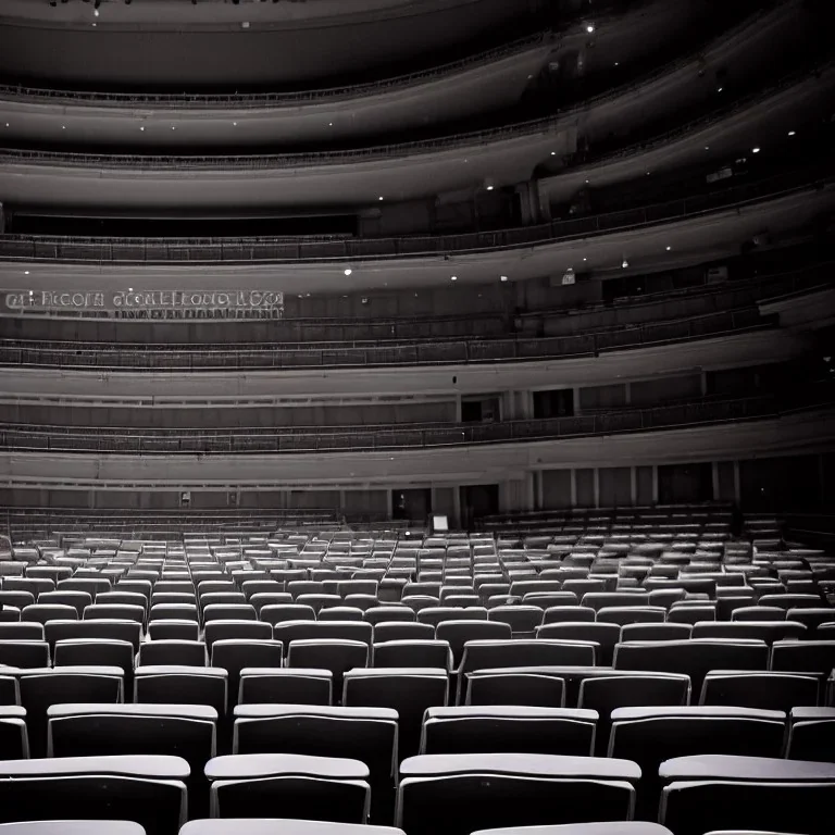 one chair on stage in spotlight close up view facing empty audience at a dark and empty symphony hall