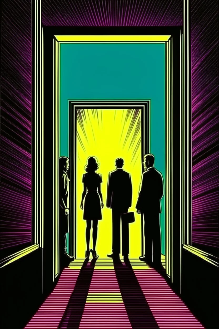 Vintage pop art style, light of hope shinning through a doorway on people in a dark room