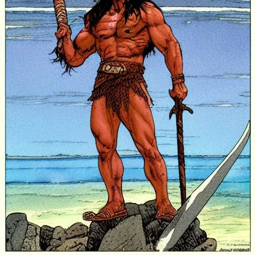 [Conan the Barbarian] holding an ((axe)) and standing on a cliff by the sea where monsters fight by Barry Windsor-Smith, extremely detailed face, full-body