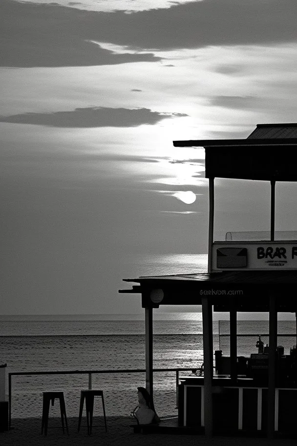 Terraza de un chiringuito frente a la playa al atardecer, fotografía realizada con una cámara Leica y con un objetivo de 50 mm, fotografía real, fotografía en blanco y negro