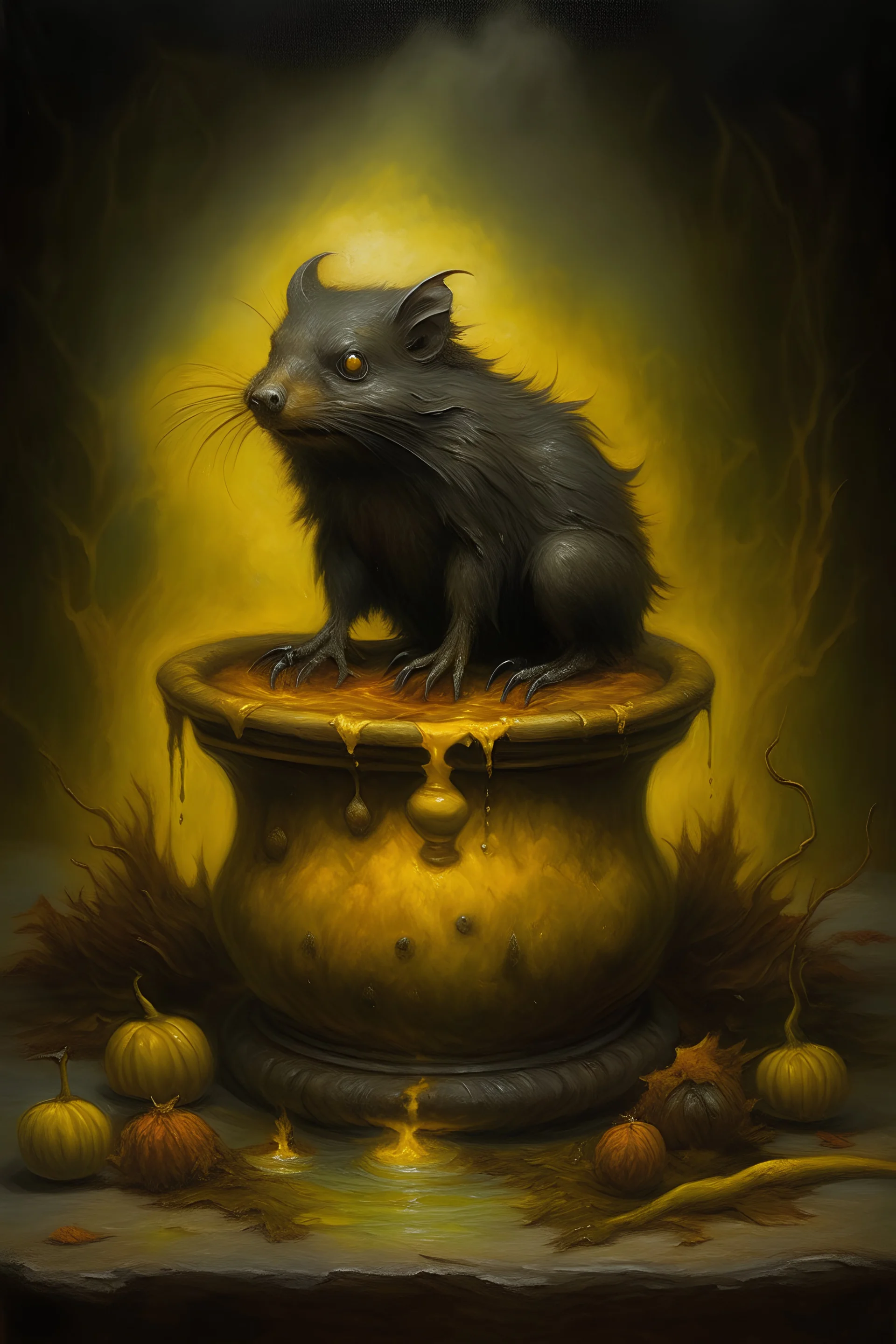 Living cauldron with yellow sigil, slightly demonic beaver bat in it, prize winning oil painting