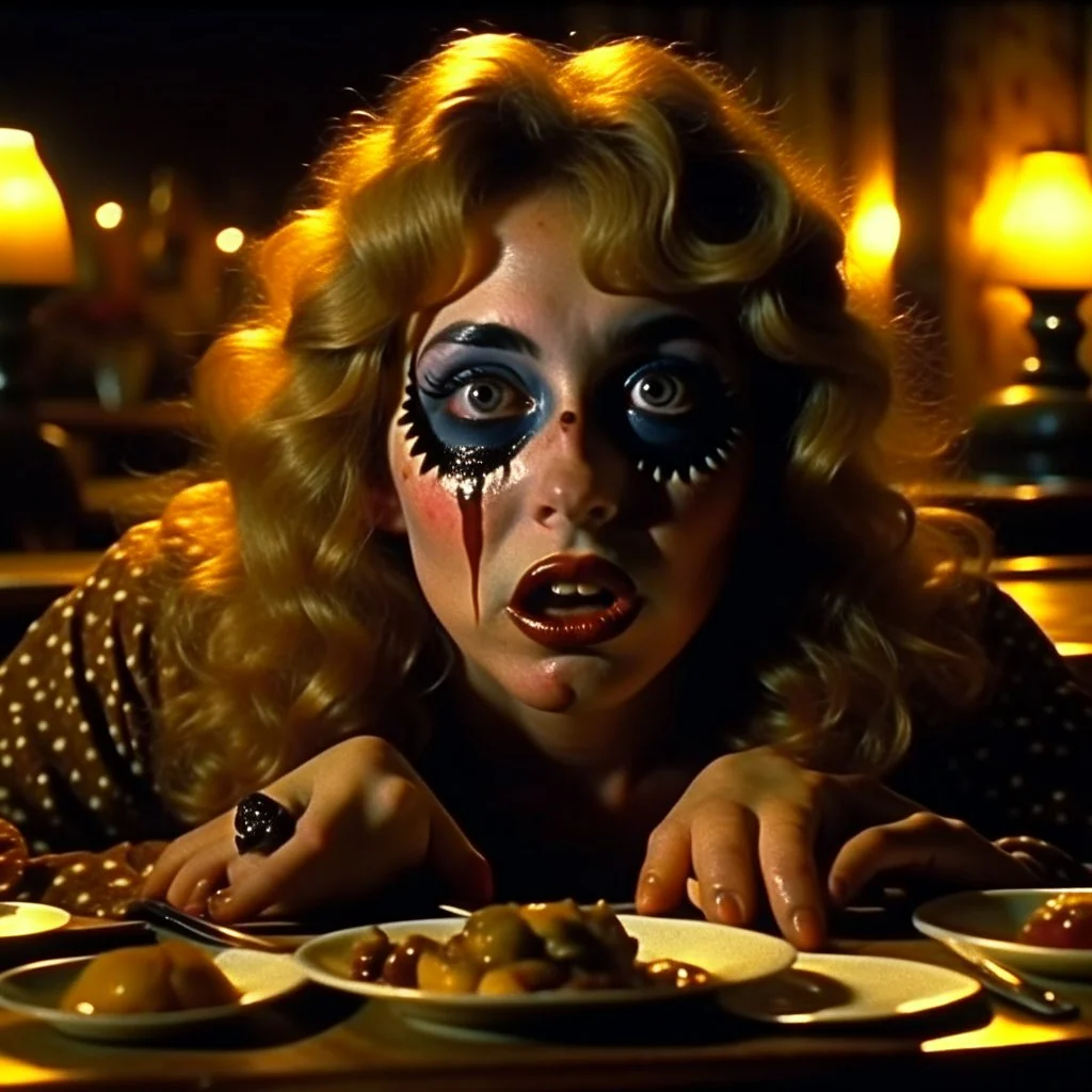 Spooky, ultra realistic distress, dining, ultra realistic hot woman, nose, giant eye on a table, organic hot bondes, dynamic, anguish, excited and lively scene, hypermaximalist figures, Creepy the Ring Alfred Hitchcock, Sam Raimi, insanely detailed, sinister, John Carpenter, Dario Argento, ornate