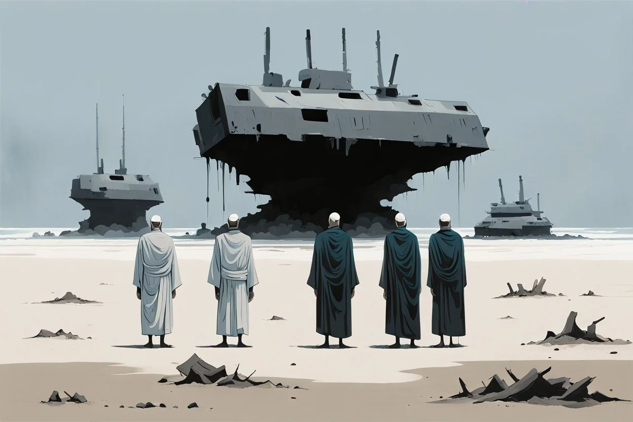 (((three)) long-legged lean determined black-grey monks with ((beak-shaped heads)) (wearing white khiton) standing in front of a tank wreck on a radioactive beach, front view, acrylic painting, minimal art, centered, wild sparse brushstrokes, amazing verticals, great parallels, low bleak colors of gray, blue and black, excellent negative space contrasts