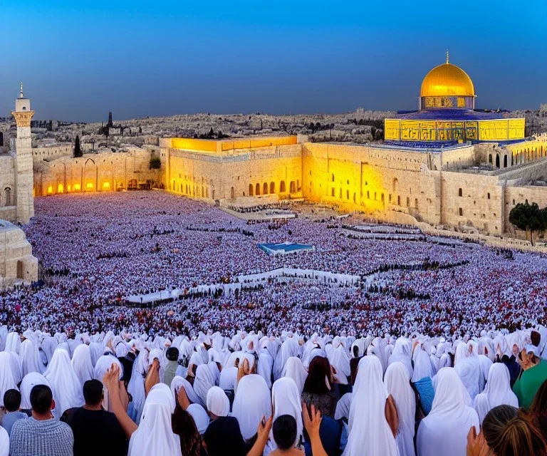 100,000,000 christians, men, women,and children, WORSHIPPING, dressed in white, beam of light coming from square Temple in center, Jerusalem, hills and valley in background, dusk,