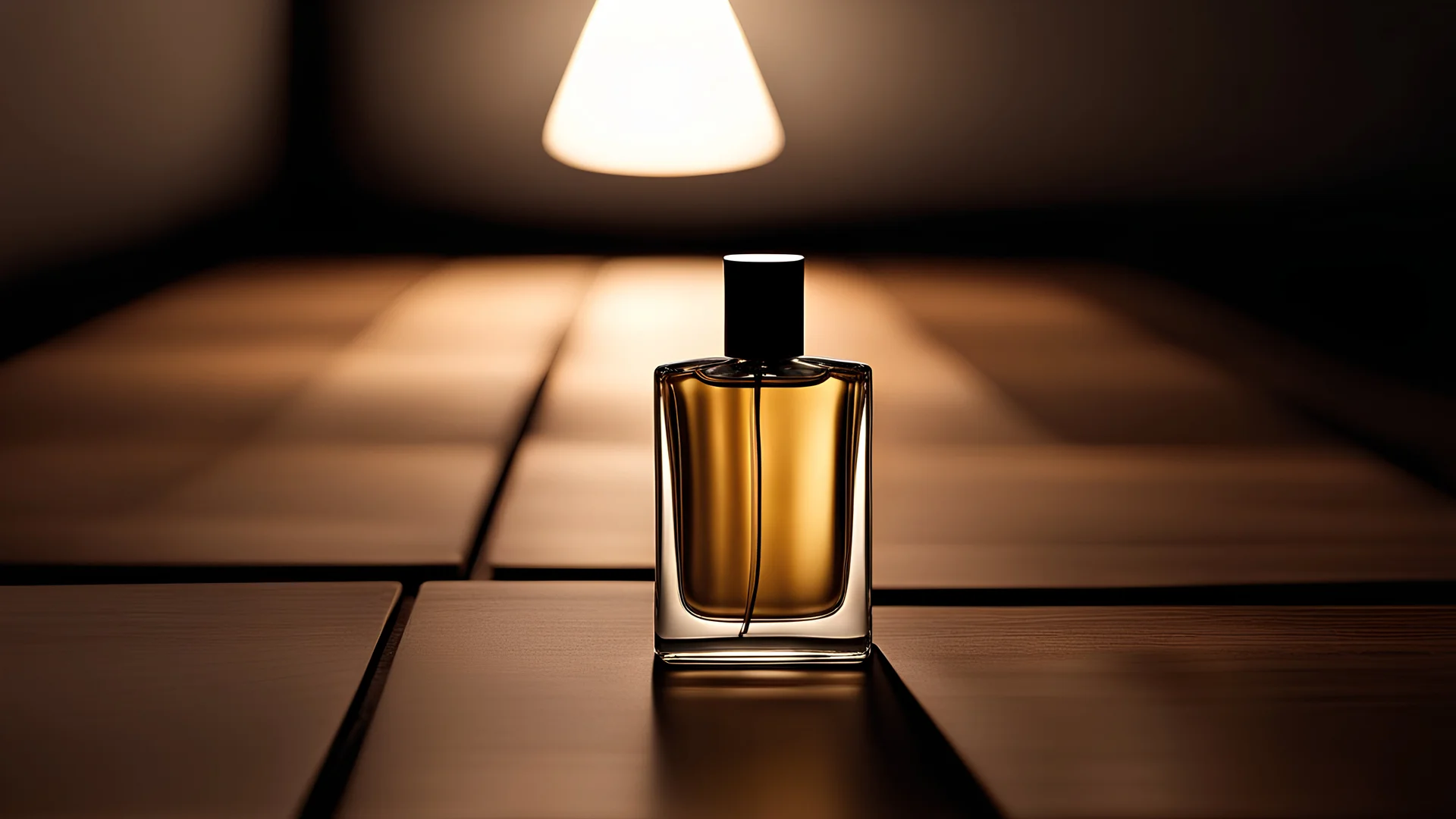 A high quality photographic rendition of a single slim bottle of musk cologne sitting on top of a wooden stool. The background should be a dark black studio with just the bottle of cologne and top of stool lit by a single spotlight beam.
