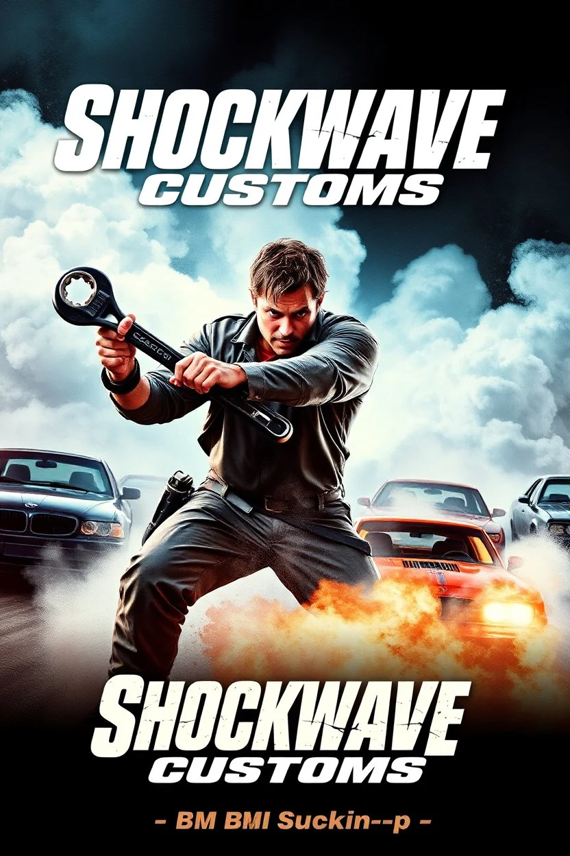 "Design a 90s-style action movie poster titled 'Shockwave Customs.' Feature a heroic mechanic in the foreground, fiercely battling thousands of adversaries with a spanner. In the background, show cars doing burnouts, creating a dynamic and intense scene. Capture the high-energy, gritty aesthetic of classic 90s action films. Prominently display the subtitle 'BMI - BMI Suckin-p-p' in bold, impactful lettering."