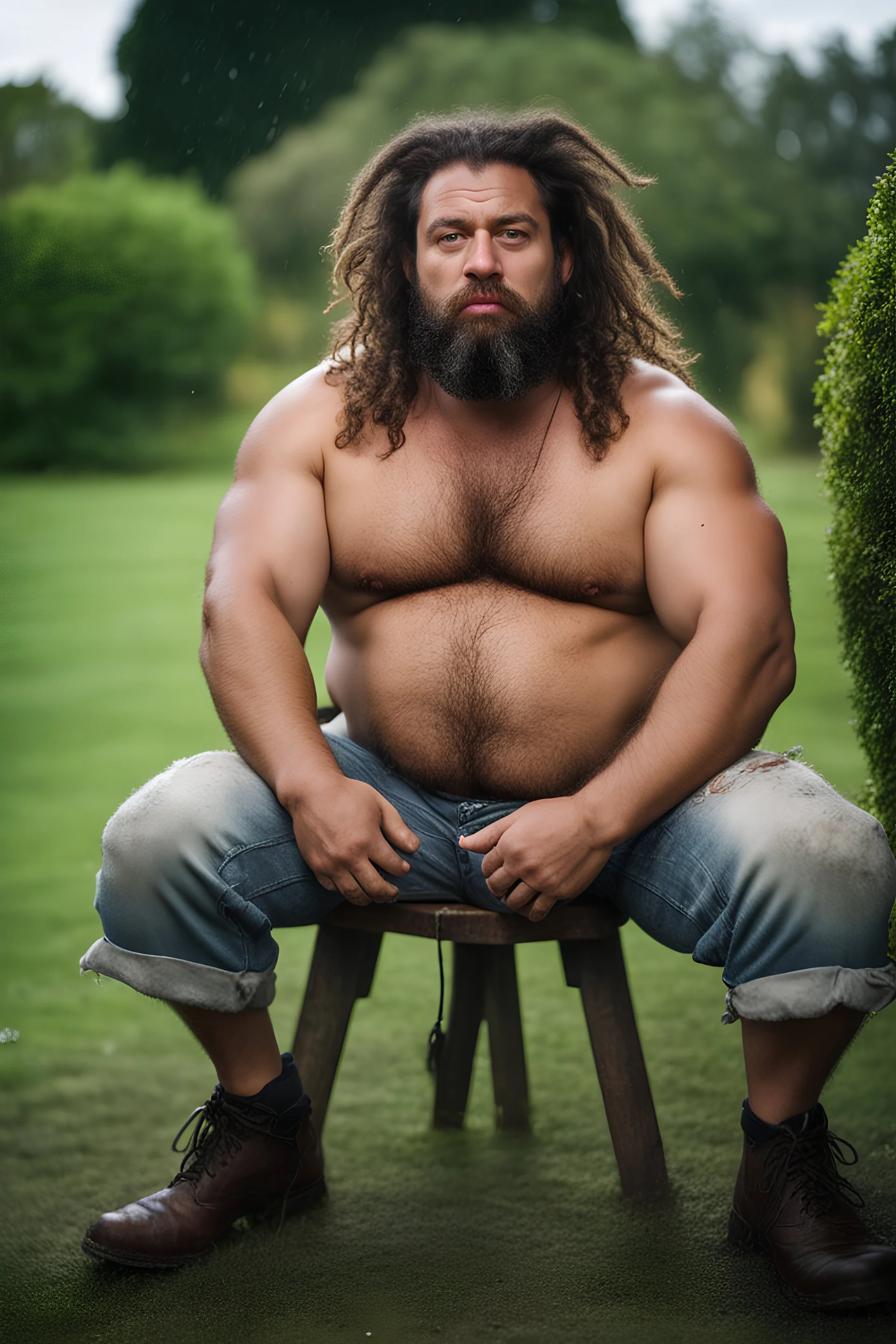 half figure shot photography of a burly strong stocky chubby muscular built short gipsy shirtless homeless hairy man 31 years old in opened broken shorts, manly chest, curly beard, dreadlocks,ajar mouth, sweat, wet, angry, sitting on a chair on the meadow, in a private elegant garden of a villa, raining nighttime, big shoulders, ambient occlusion, photorealistic, frontal view from the ground, dim light from little bulbs