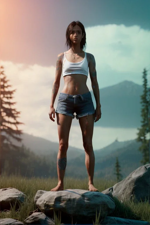 Ultra Realistic image, 25 years old brunette woman, Madrid, portrait, small stature, small chest, yakuza body tattoo, vibrant color, highly detailed, art stations, concept art, smooth, unreal engine 5, god rays, ray tracing, RTX, lumen lighting, ultra detail, volumetric lighting.