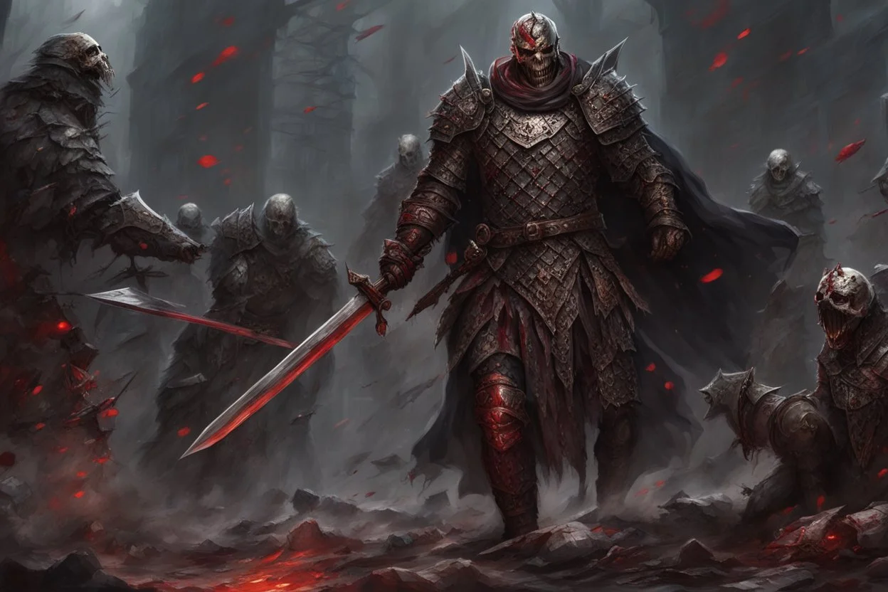 a hideous undead warrior. guts hanging out. chain mail fussed to skin. blood. bile. melted fat. broken bones. bleeding eyes. crushed skull. broken fangs. broken jaws. broken armor. real weapons. perfect weapons. intense horror. blind terror.