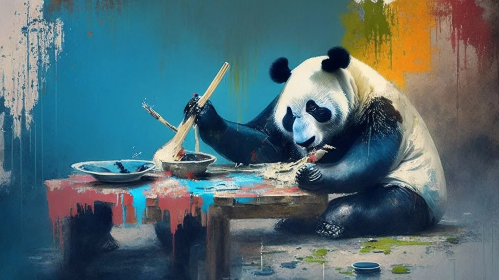 Panda eating chinesse paint art