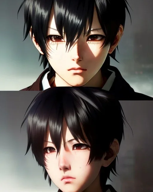 Detailed young anime boy crying, dark brown hair , intricate details, full body portrait, keep head in frame, slight, black Japanese motif, concept art, highly detailed, digital painting, concept art, sharp focus, illustration, art by Yoji Shinkawa, WLOP and greg rutkowski and alphonse mucha and artgerm and yanjun Chen and Junji ito and Makoto Shinkai, HDR, octane render