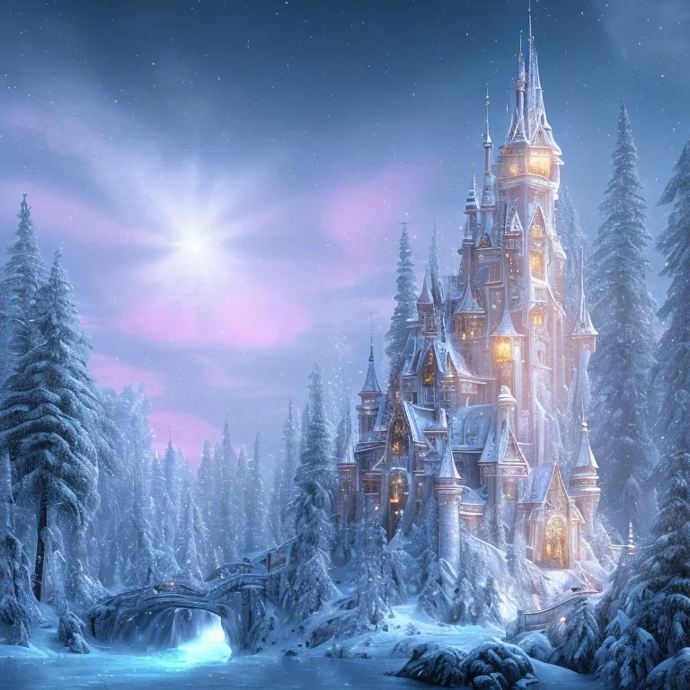  white crystal castle，waterfall, winter snow flakessnow, northern Lights, full of details, smooth, bright sunshine，soft light atmosphere, light effect，vaporwave colorful, concept art, smooth, extremely sharp detail, finely tuned detail, ultra high definition, 4 k, unreal engine 5, ultra sharp focus