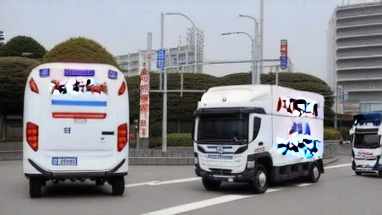 A police Tesla Cybertruck is chasing a Tesla 'Model S Plaid' at top speed, across the 'Nagashima Spa Land', in Kuwana, in Japan.