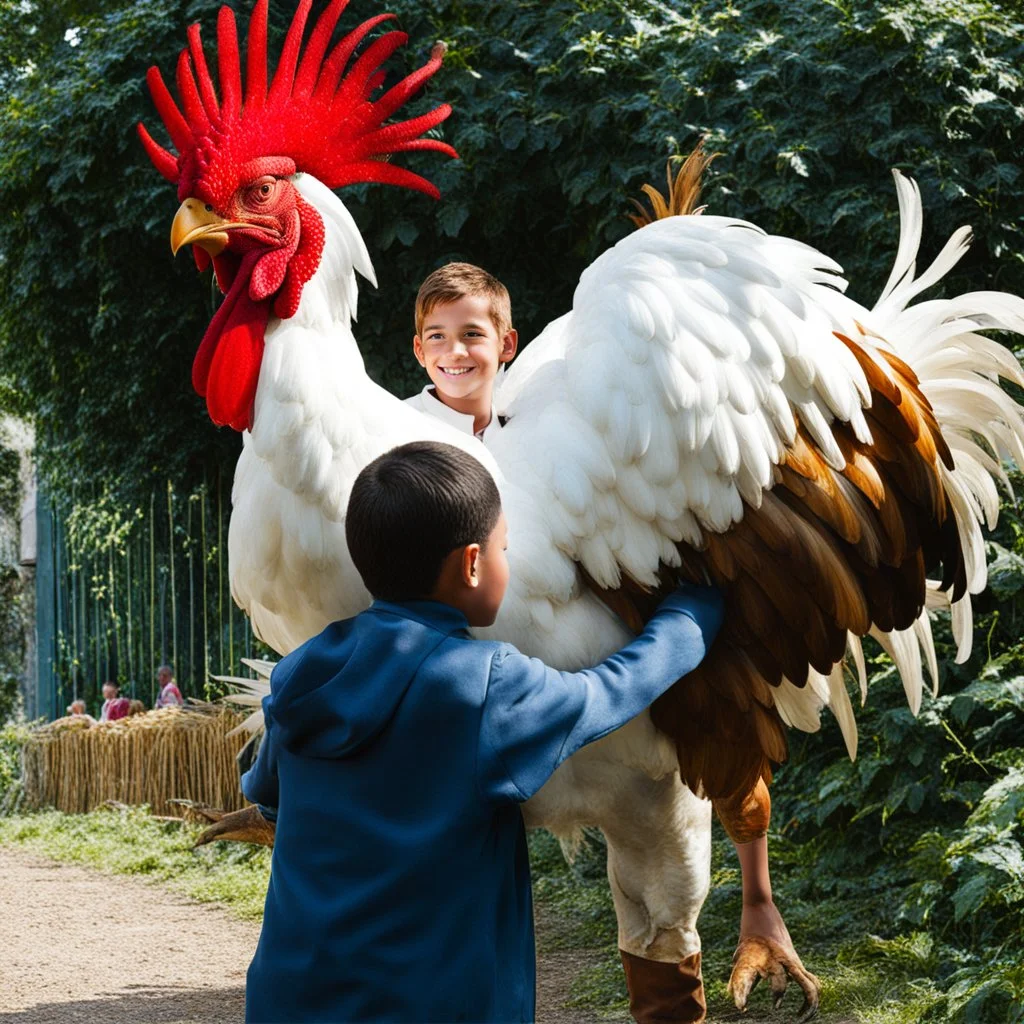 Niño con un gallo gigante