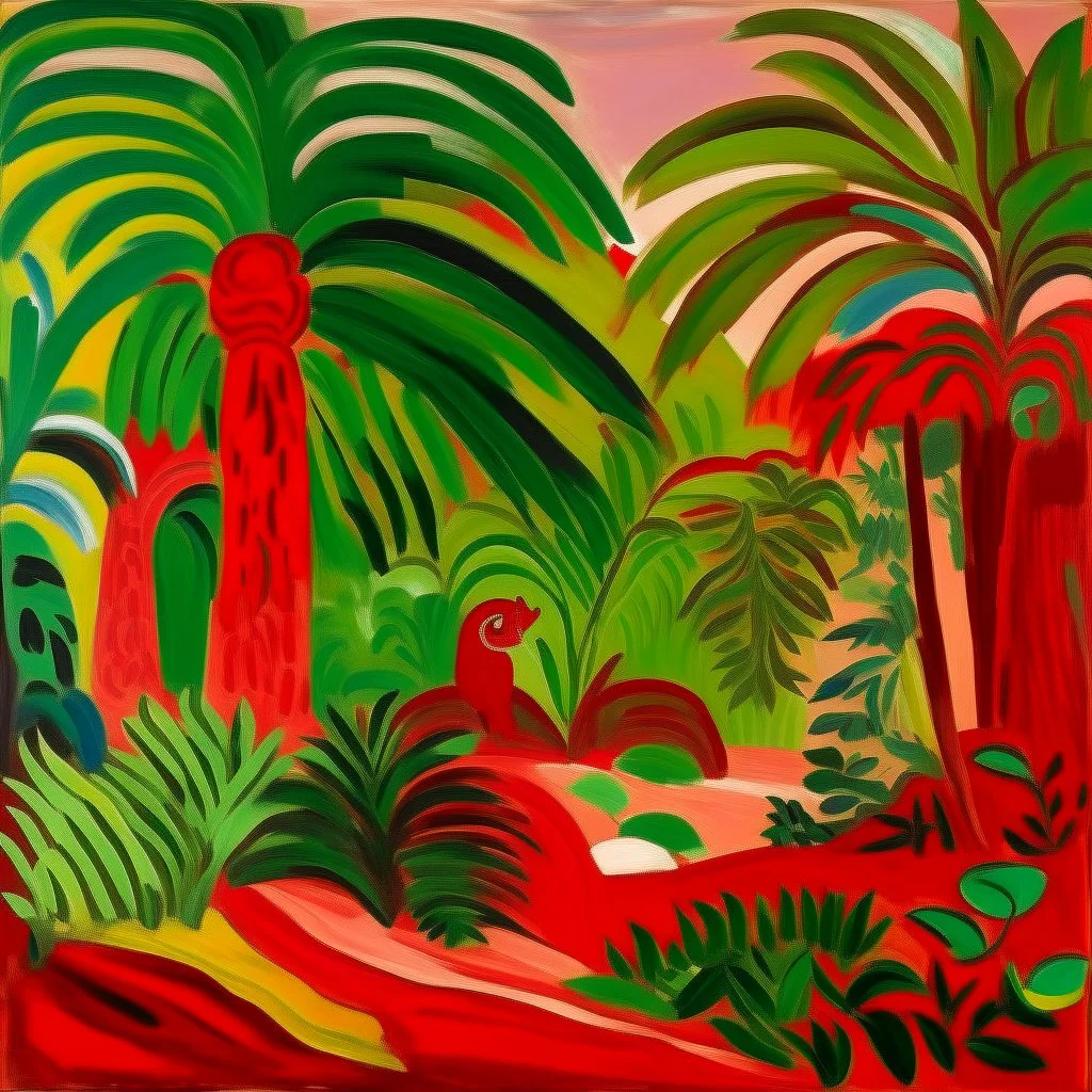 An orangish red jungle near a badland painted by Henri Matisse