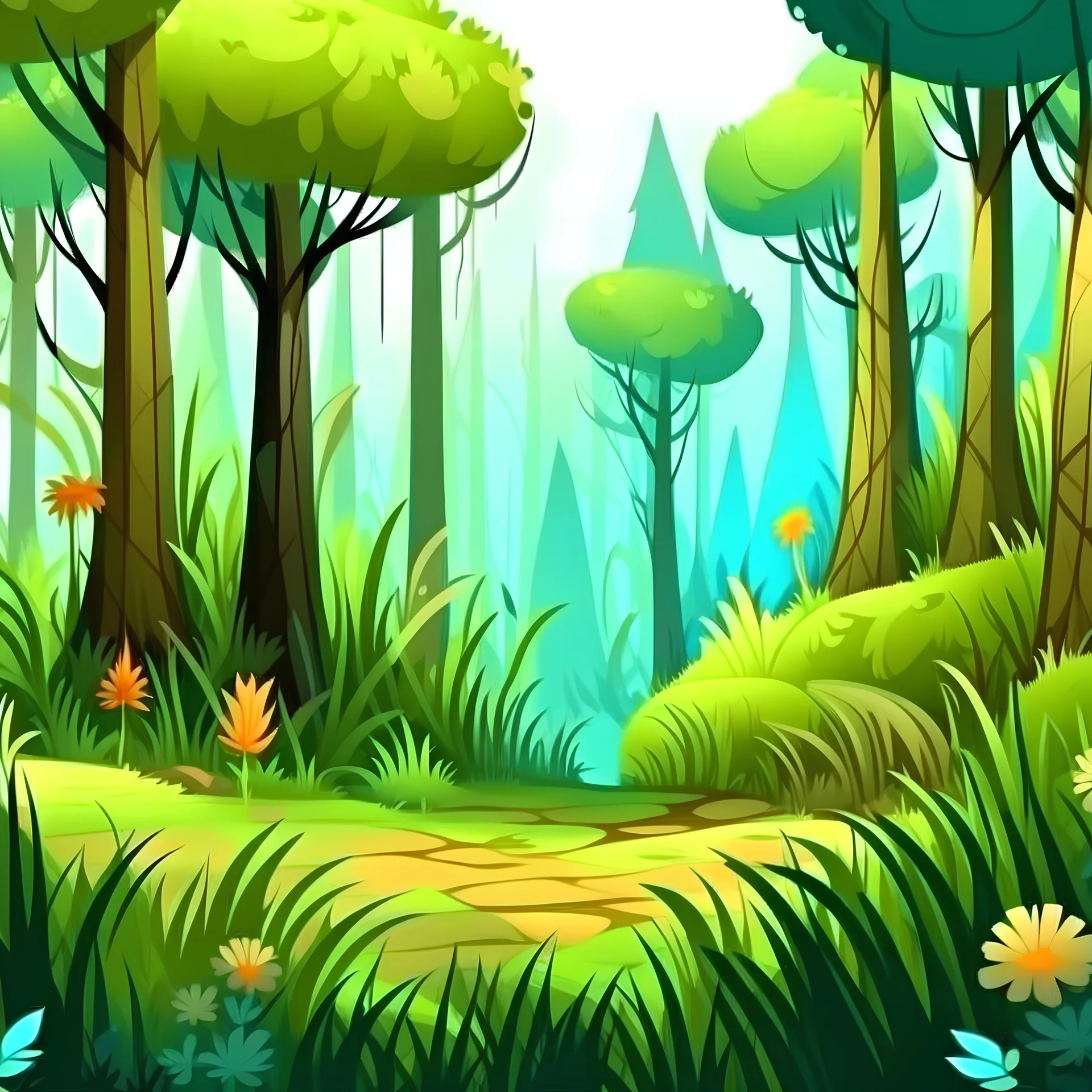 Soft cozy Fantasy cartoon forest with tall grass