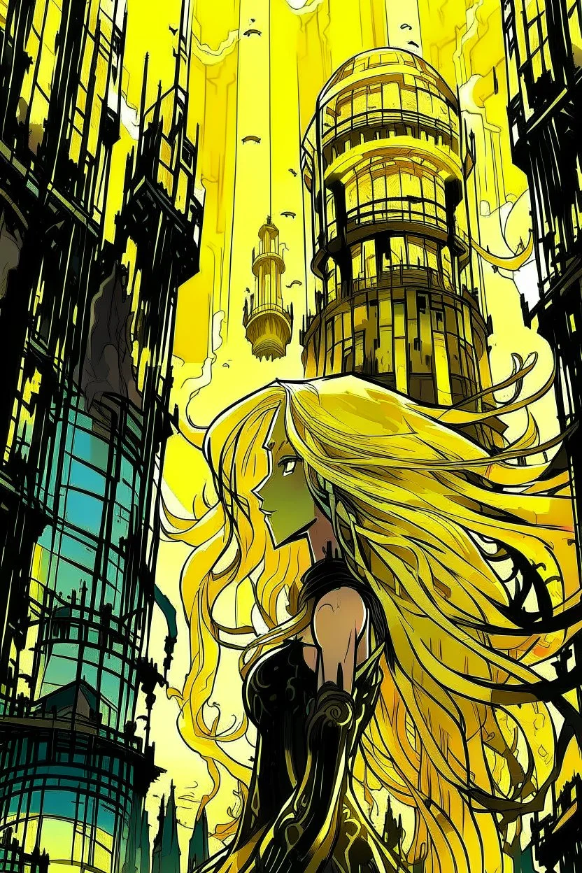 bizarre surreal arafed art, (((heavily stylized Rapunzel))) inside an urban vector tower made of glass columns and dark perpendiculars, (((no facial details))), black revert facial silhouette, demonic yellow slit eyes, fuzzy interlocking untamed hair, long glowing blonde hair like a golden waterfall sweeping into a massive vertical pillar, deconstruct aesthetic, spindle shock, elegant Art Nouveau features with Klimt gold leaf textures, warm yellow orange beige and amber light reflections, abstra