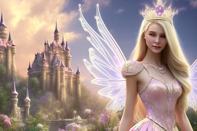 castle in background, beautiful, soft, big smiling, straight and long blonde hair, dewy and shiny atmosphere, diamond crown, long fairy wings in the back, full head, pink veil clothes