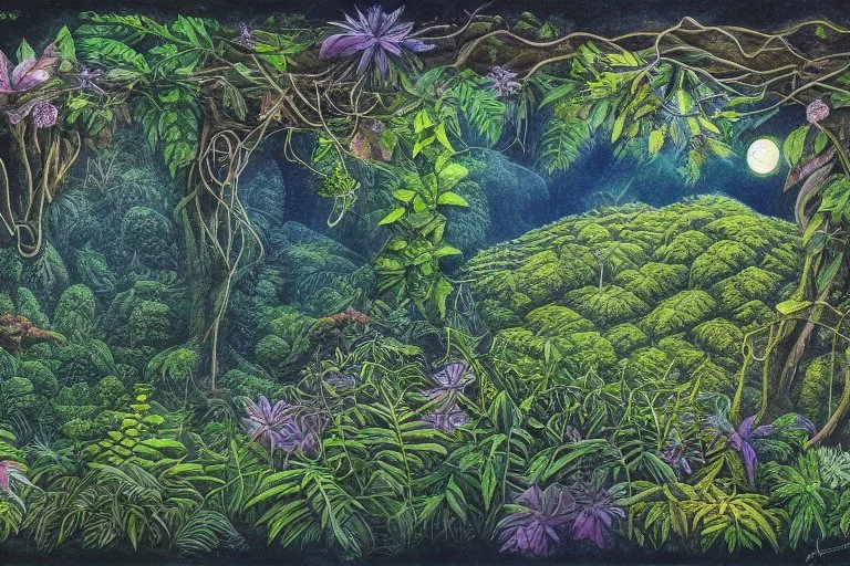 Rainforest, top view, flora and fauna in the light from a full moon, rocks, water, amazing night sky, glowing flowers, vines, large stars, island, ruin, fog, dawn, reflection, Jacek Yerka, Dominic Davison in sunshine smooth intricate high definition pencil sketch watercolor polished