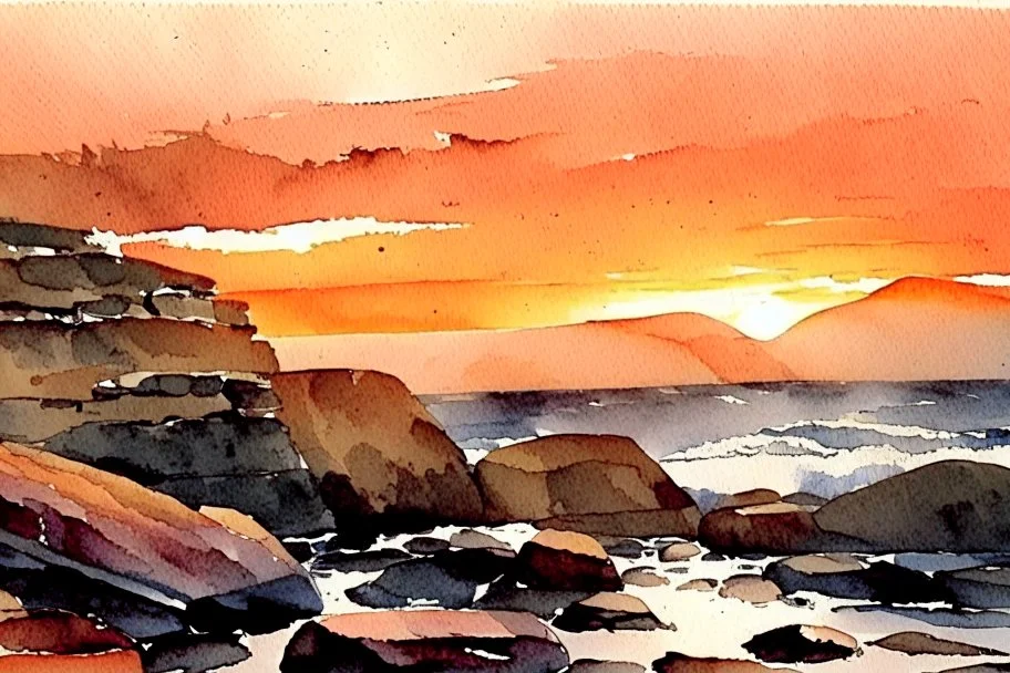 Sunset, rocks, mountains, rocky land, epic, winslow homer watercolor paintings