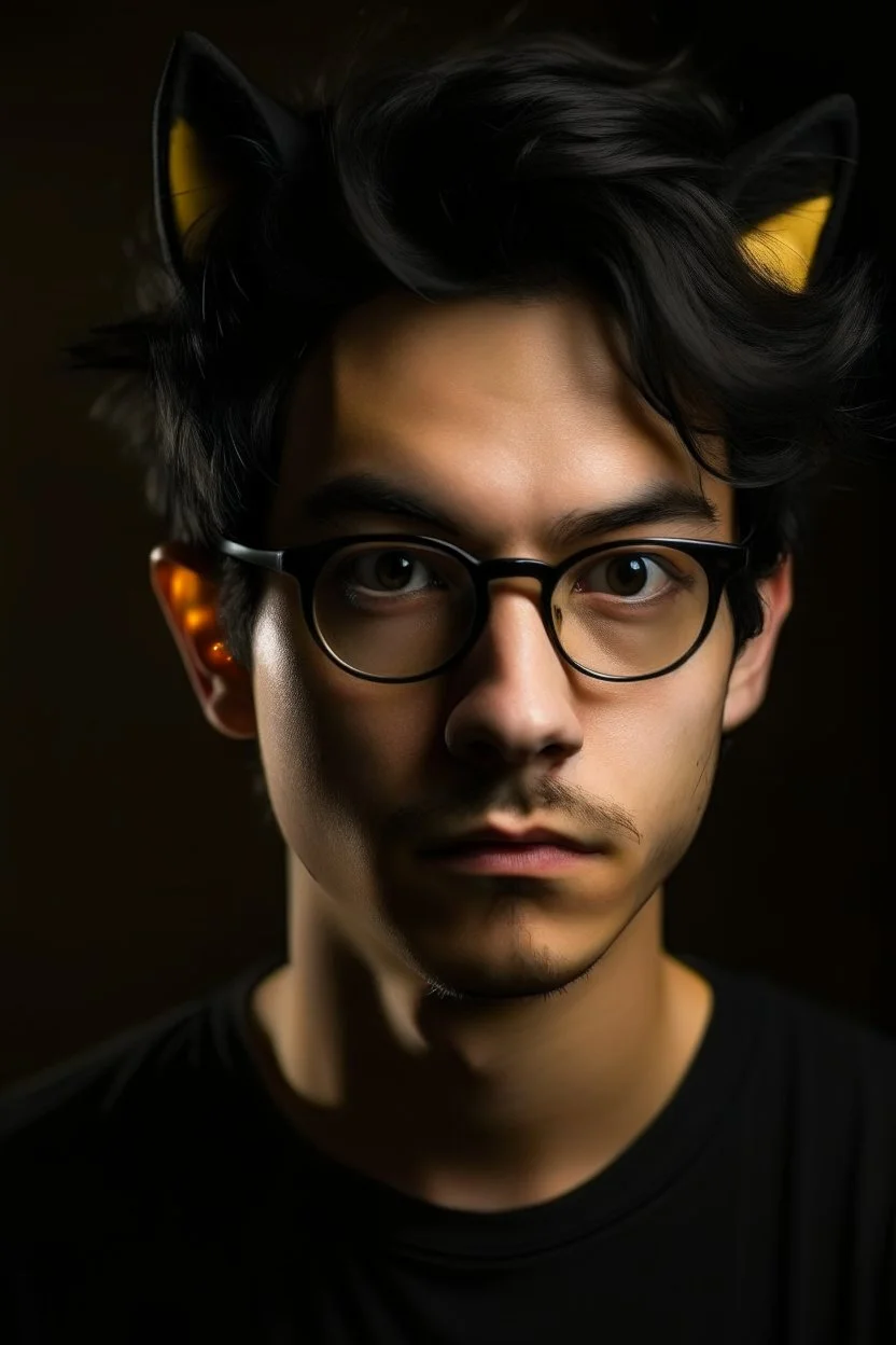 A young adult man with messy black hair and black cat ears, golden eyes, glasses.