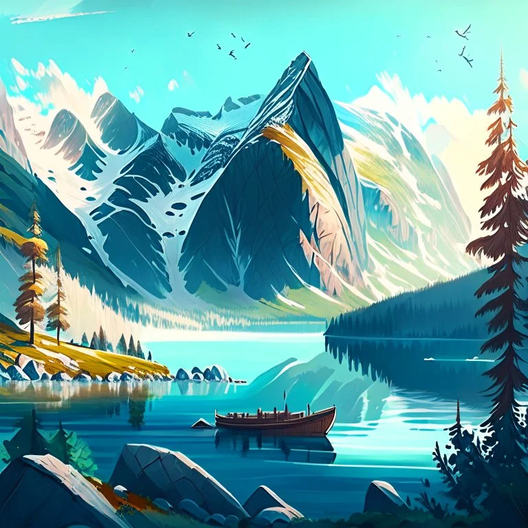 Create an illustration of a picturesque Norwegian landscape, featuring majestic mountains, serene fjords, and lush forests, capturing the natural beauty and tranquility of Norway that inspires creativity.