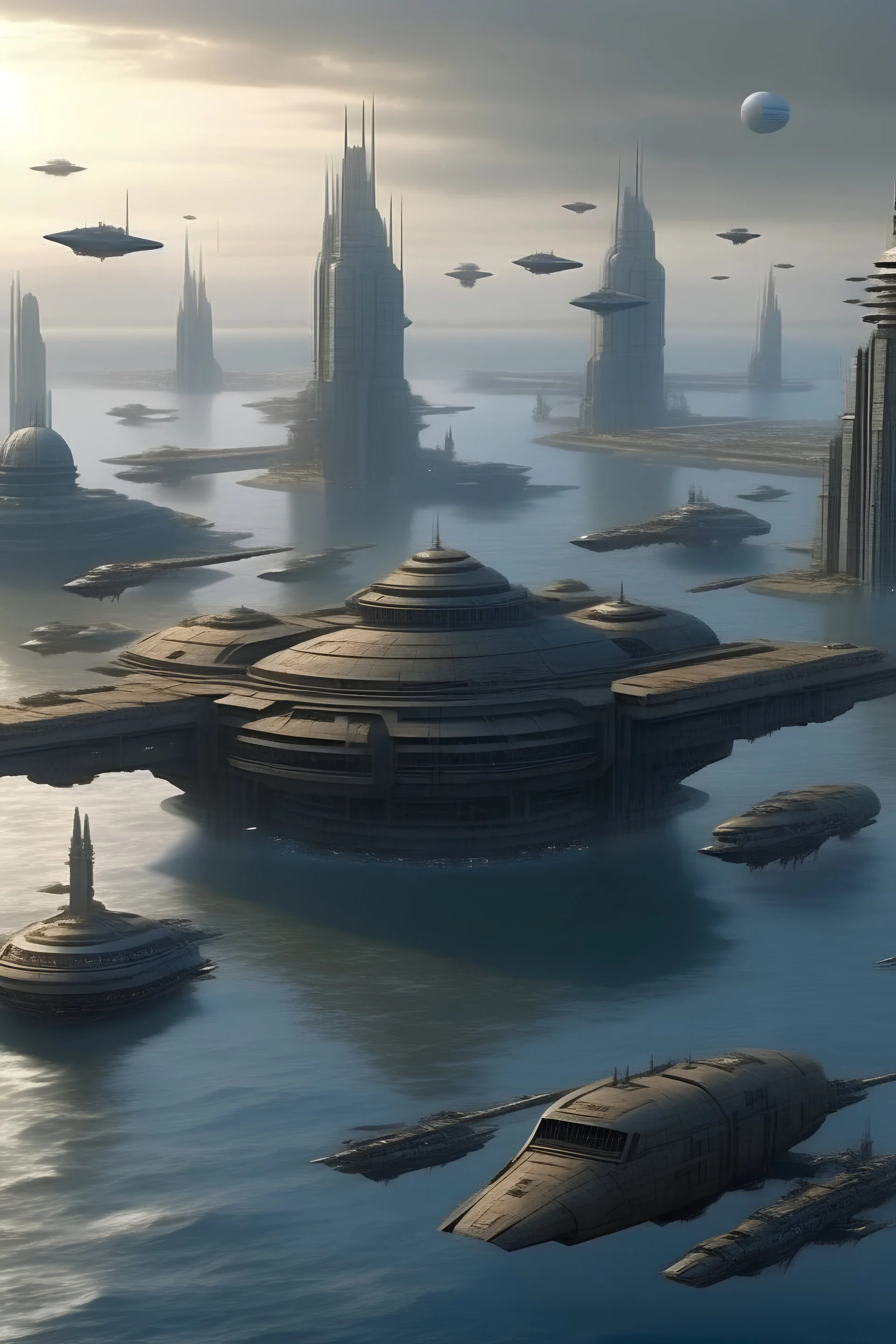 Rebels Jump Ship above floating empire city in Star Wars