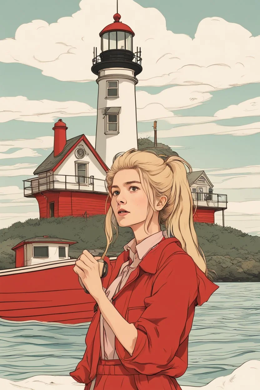 23 years old girl, with blond hair and a messy bun like selah sue. standing on in a red boat, wearing red clothes and holding binoculars watching something in the middle of the sea. She is standing on a lighthouse. Wes anderson style. In front. Sarcastic vibe.