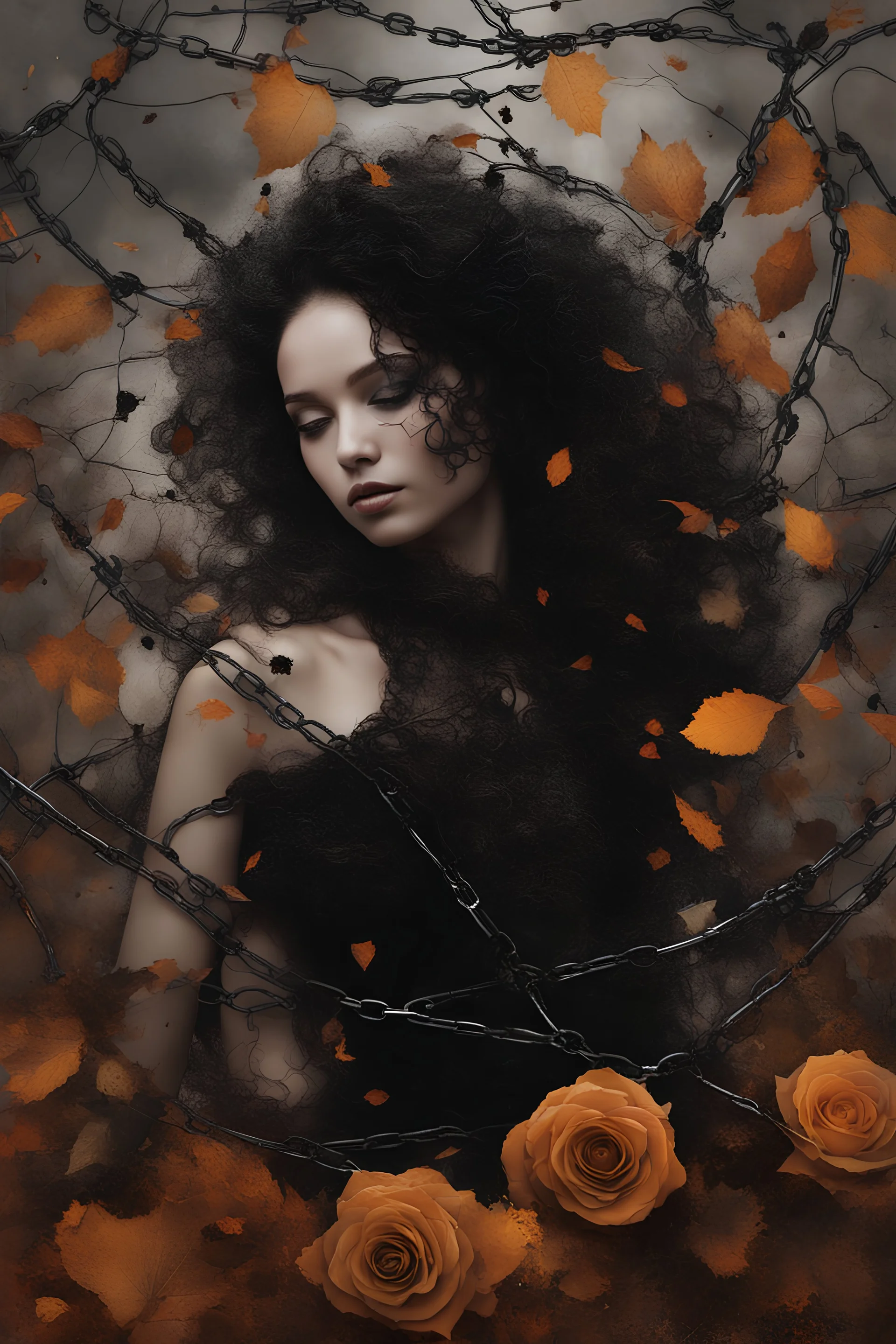 abstract creation of a beautiful girl with black curly hair, surrounded by black roses, thick metal chain broken, glass petals on the ground, autumn colours,dried out thorn bush, chaos,