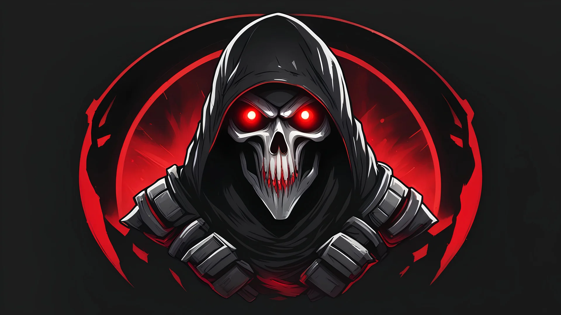 a round logo featuring a reaper like soldier with red glowing eyes, in a black background