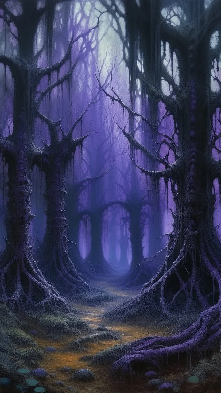 A dark purple forest with portals and noxious beetles designed in Heidrun manuscripts painted by Claude Monet